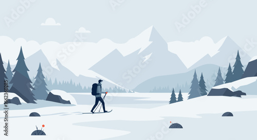Winter hiking adventure snowy mountains digital illustration cold environment wide viewpoint exploration theme. Vector illustration