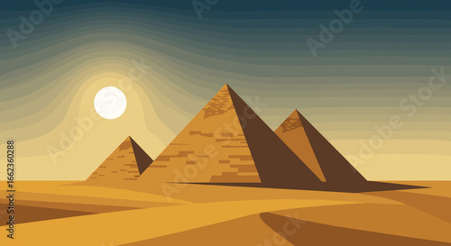 Exploring the majestic pyramids of giza at sunset digital art desert landscape wide angle view ancient wonders. Vector illustration