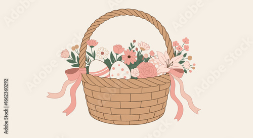 Easter celebration basket with flowers and eggs spring setting digital illustration soft colors. Vector illustration