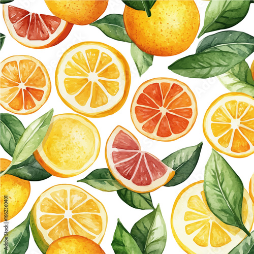 Citrus Fruit Summer Pattern, watercolor drawing vector, isolated on a white background.