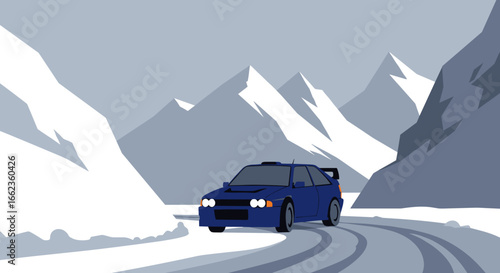 Winter rally driving adventure in snowy mountains animated graphic scenic landscape view. Vector illustration