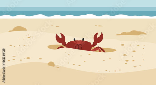 Crab emerging from sand on beach coastal illustration tranquil environment playful viewpoint. Vector illustration
