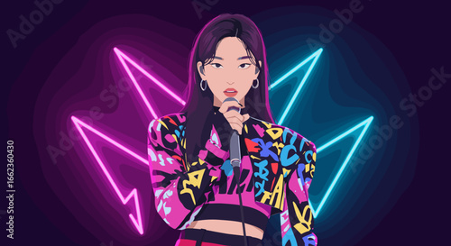 Dynamic music performance by a singer vibrant urban setting digital art nighttime front view energetic vibe. Vector illustration