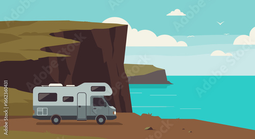 Camping adventure by the coastal cliffs scenic landscape digital illustration vibrant ocean view. Vector illustration