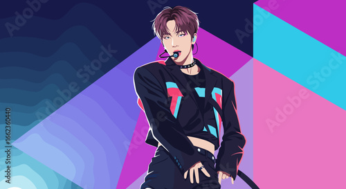 Dynamic dance performance by korean artist modern stage digital art vibrant colors close-up pop culture energy. Vector illustration
