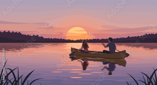 Romantic canoeing adventure at sunset serene lake digital art calm atmosphere relaxed perspective. Vector illustration