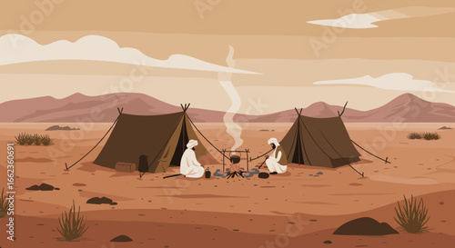 Desert camping adventure cooking together remote location illustration arid landscape ground level cultural experience. Vector illustration