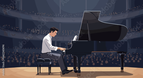 Piano performance by soloist in concert hall music event elegant setting audience engagement. Vector illustration