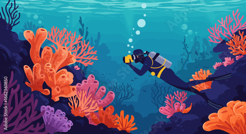 Underwater photography adventure coral reef digital illustration marine environment side view exploration concept. Vector illustration