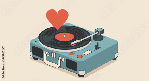 Vinyl record love nostalgic turntable experience home studio digital art cozy setting bird's eye view music culture. Vector illustration