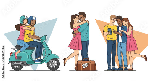 Set of illustrations depicting diverse young couples and friends in love, hugging, riding a scooter, and looking at a smartphone together.