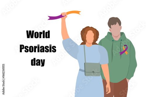  World Psoriasis Day. A woman holds orange, purple ribbon. A man stands with ribbon in support of people with skin diseases. Medical concept. Vector Not AI generated