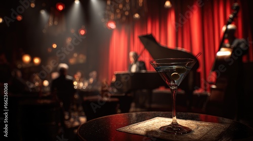 Martini glass on table with stage background