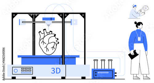 3D printer creating a human heart, scientist analyzing, medical vials nearby. Ideal for healthcare, innovation, technology, research, education medical advances future concepts. Simple flat