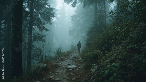 Person walking on path through foggy forest
