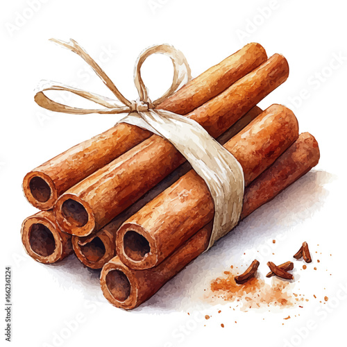 Cinnamon Sticks, watercolor illustration vector, isolated on a white background.