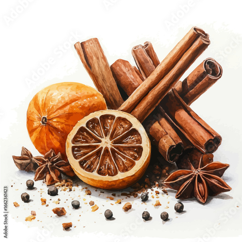 Cinnamon Sticks And Spices, watercolor clipart vector, isolated on a white background.