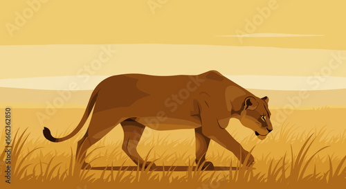 Lioness walking through golden savanna african landscape wildlife illustration natural environment side view animal behavior. Vector illustration