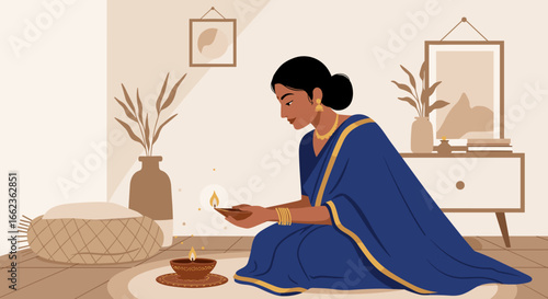 Celebrating tradition woman performing rituals at home digital illustration cozy indoor setting cultural significance. Vector illustration