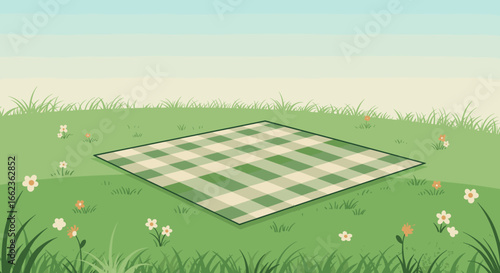 Picnic setup in a serene meadow illustrative scene nature environment bright daylight. Vector illustration