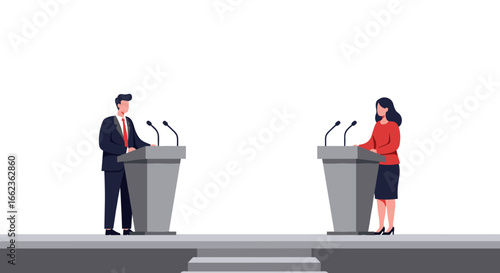 Debate between candidates conference room digital illustration professional setting front view political engagement. Vector illustration