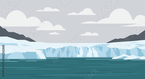 Melting glacier action arctic landscape digital art cold environment aerial view climate change impact. Vector illustration