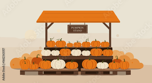 Autumn market event pumpkin stand display rural setting digital art warm ambiance front view seasonal festivities. Vector illustration