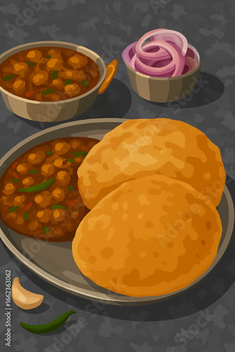 Savor the authentic flavors of India with a delicious serving of fluffy bhatura alongside spicy chole, fresh onions, garlic, and green chili for an unforgettable culinary experience.