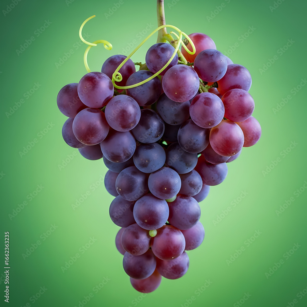 Fototapeta premium Vibrant Ripe Red Grapes Bunch with Green Tendrils Isolated on a Bright Green Background