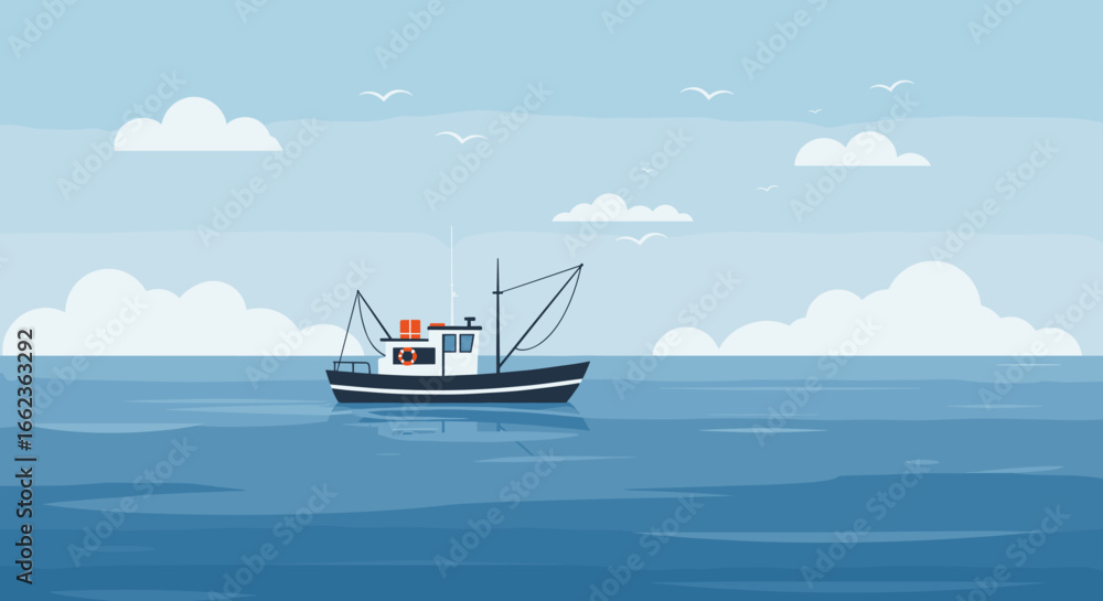 Fototapeta premium Fishing boat on tranquil ocean seascape illustration serene environment aerial view maritime concept. Vector illustration