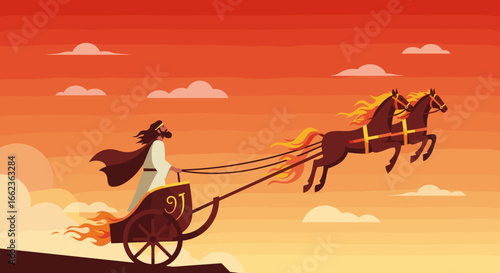 Epic chariot race with flaming horses mythical landscape digital illustration dramatic sunset view. Vector illustration