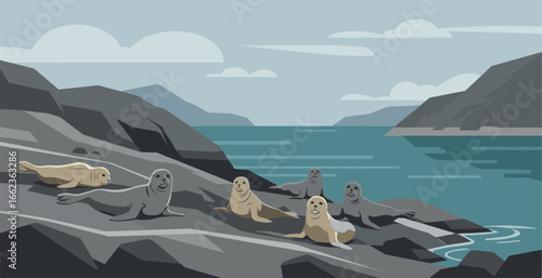 Seals relaxing on rocky coastline ocean view digital illustration serene environment coastal landscape. Vector illustration