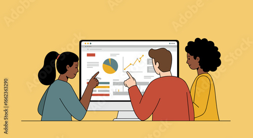 Team collaboration analyzing data on computer screen office environment visual content engaging perspective. Vector illustration