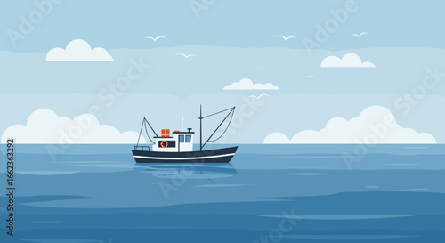 Fishing boat on tranquil ocean seascape illustration serene environment aerial view maritime concept. Vector illustration