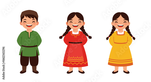 Joyful children in traditional costumes cultural event illustration vibrant environment close-up view celebrating heritage. Vector illustration