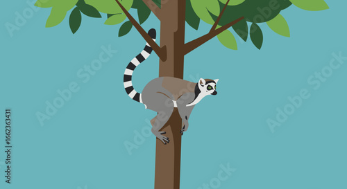 Lemur climbing a tree jungle habitat digital illustration vibrant environment side view wildlife concept. Vector illustration