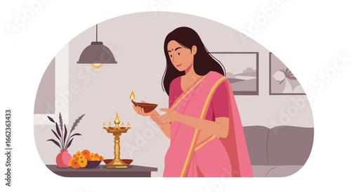 Diwali celebration at home woman performing puja with diyas in living room festive atmosphere warm lighting. Vector illustration