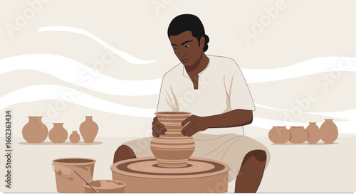 Pottery making process artisan workshop digital illustration creative environment close-up view traditional craftsmanship. Vector illustration