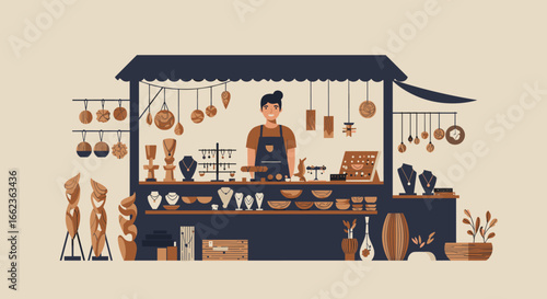 Artisan market stall local crafts open-air bazaar vibrant environment front view cultural experience. Vector illustration