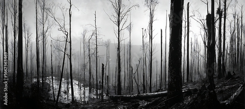 Black and white burnt forest landscape photography eerie woods after fire natural disaster trees dead 100