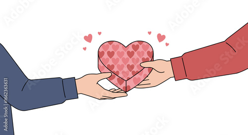 Gift exchange of love hearts romantic gesture emotional connection digital art bright background heartwarming concept. Vector illustration
