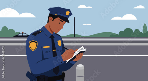 Police officer writing citation on busy road urban environment illustration daytime viewpoint law enforcement concept. Vector illustration