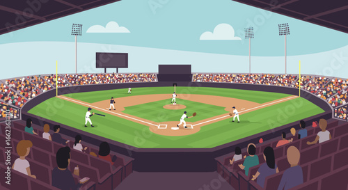 Exciting baseball game in stadium live action dynamic sports environment captivating audience perspective. Vector illustration