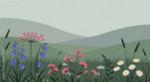 Vibrant wildflower blooming in a serene landscape nature illustration peaceful green environment artistic view. Vector illustration