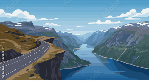 Scenic road trip adventure norwegian fjords digital illustration coastal landscape panoramic view nature exploration. Vector illustration