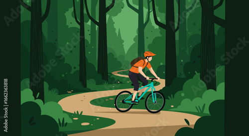 Mountain biking adventure in lush forest trails digital illustration nature eye-level outdoor exploration. Vector illustration