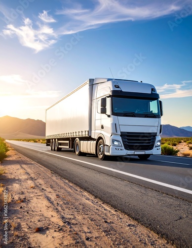 White semi-truck on highway at sunset