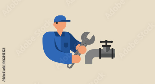 Plumber fixing pipe with wrench in home digital illustration professional work environment focused viewpoint. Vector illustration