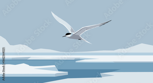 Bird in flight over icy waters arctic landscape digital illustration calm environment aerial view wildlife concept. Vector illustration