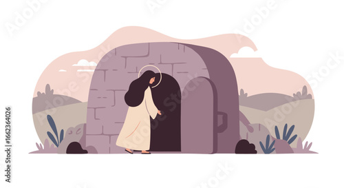 Resurrection scene depiction ancient tomb digital illustration serene landscape side view spiritual concept. Vector illustration